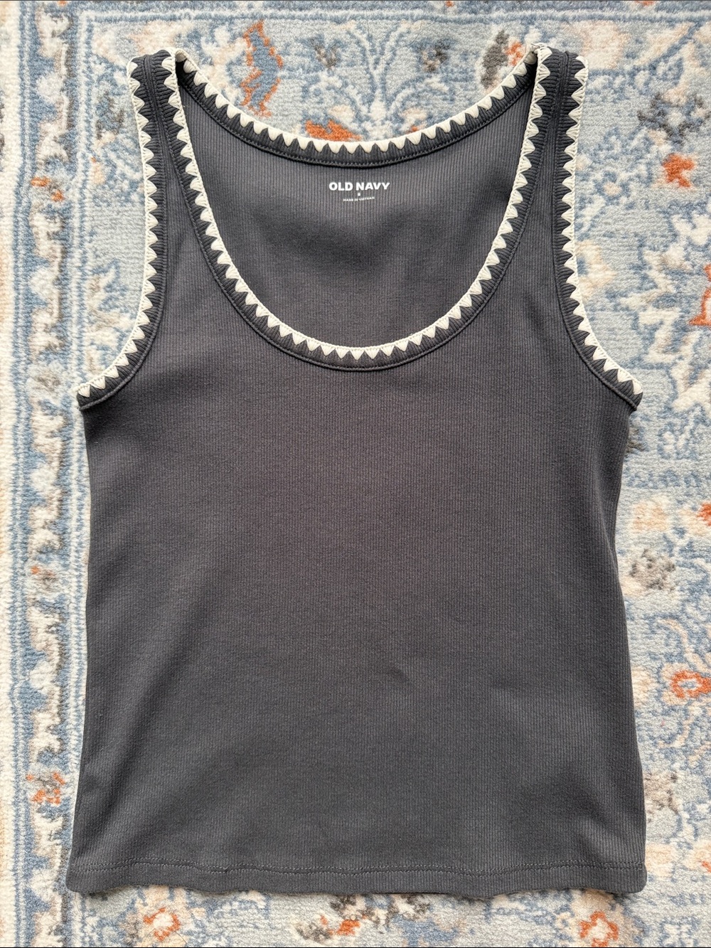 Old Navy Gray Ribbed Tank with Cream Embroidered Trim